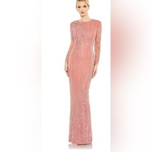 New Mac Duggal Pink Embellished High Neck Illusion Long Sleeve Gown - Size 14